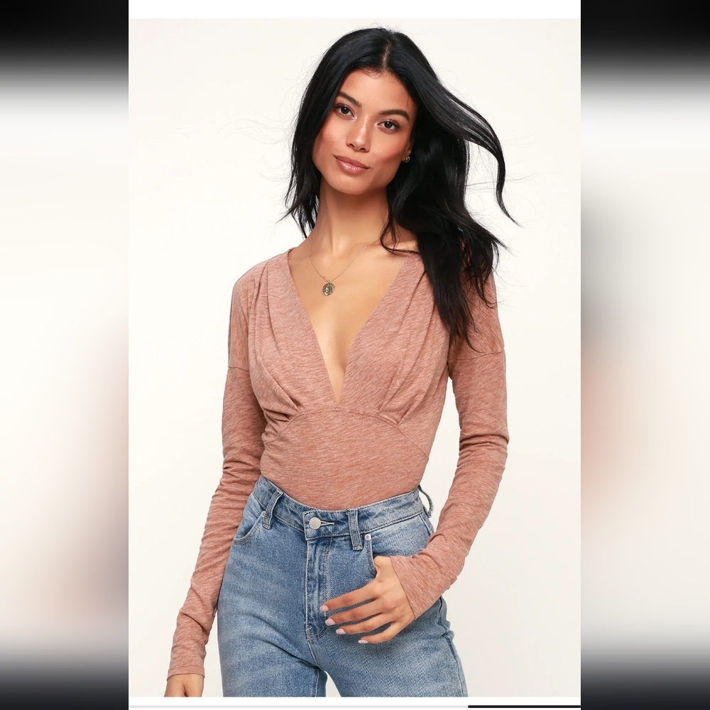 FREE PEOPLE WTF Maven Caramel Dream Long Sleeve V-neck Fitted Crop Top Size SM